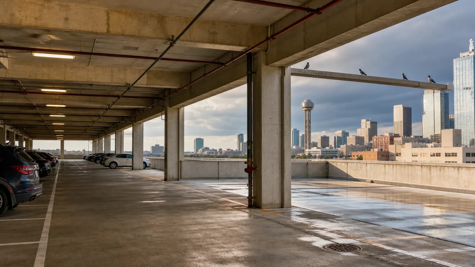 AI-generated Dallas planning illustration of pigeons on an open parking structure with fire piping and roof drainage