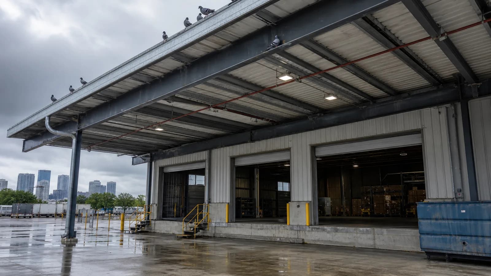 AI-generated Houston planning illustration of pigeons on warehouse canopy beams above loading bays and fire-system piping
